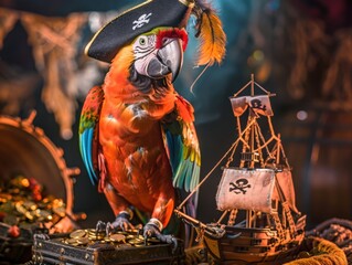 Colorful parrot perched next to pirate treasures and maps