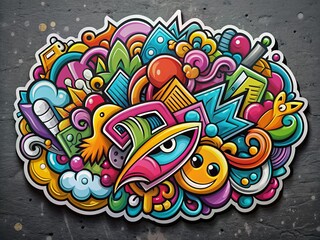Colorful vector graffiti sticker design with stylized white offset text on a dark background, featuring abstract shapes and urban street art elements.