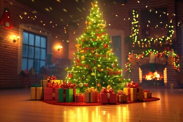A large Christmas tree adorned with lights and ornaments stands in a living room, surrounded by wrapped presents. A fireplace glows in the background