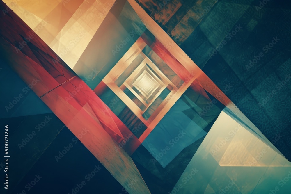 Aufkleber geometric shapes in various shades of red, blue, and yellow fall through a tunnel of light, creating