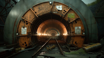 Industrial tunnel entrance with rusted metal plates, rail tracks, and orange lighting. Scattered equipment and debris are visible around the entrance.