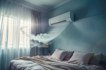 Comfortable bedroom with air conditioner. Sunlight shines through the window. Modern interior design with clean style. Perfect for home cooling and decor concepts. Generative AI