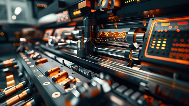 Close-up view of a futuristic control panel with glowing orange and metallic details, featuring knobs, buttons, and digital displays.