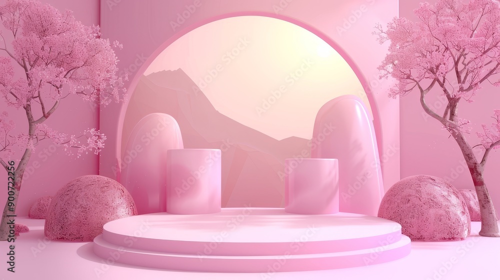 Wall mural a serene pink abstract scene featuring two trees, a round stage with pedestals, and abstract shapes,