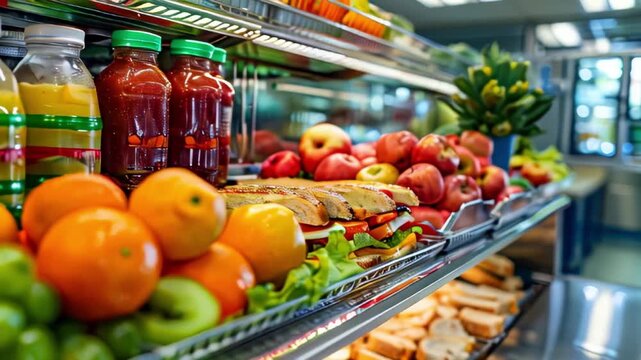 fruits, drinks, sandwiches in the school canteen, the concept of healthy nutrition for children