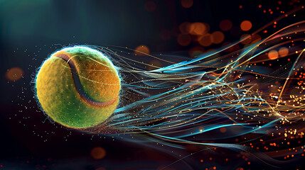 A Dynamic Tennis Ball in Mid-Air with Intricate Details and Vivid Colors Against a Stark Black BackgroundCapturing the Essence of Motion and Athleticism