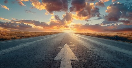 A straight road leading into the distance with an arrow pointing forward on it