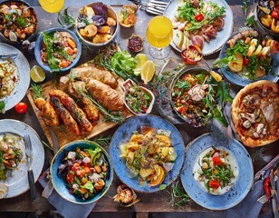 Full table of delicious Dinner party table European foods and drinks from top view