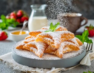 Polish chruściki (angel wings) crispy fried pastries dusted with powdered sugar - traditional polish sweets