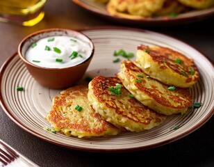 Polish placki ziemniaczane (potato pancakes) served with sour cream - traditional polish dish