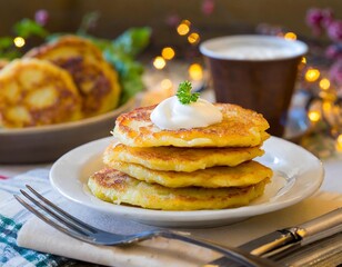 Polish placki ziemniaczane (potato pancakes) served with sour cream - traditional polish dish