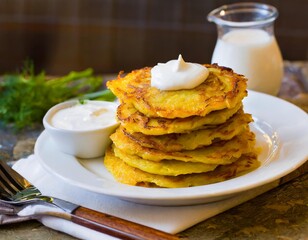 Polish placki ziemniaczane (potato pancakes) served with sour cream - traditional polish dish