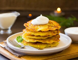 Polish placki ziemniaczane (potato pancakes) served with sour cream - traditional polish dish