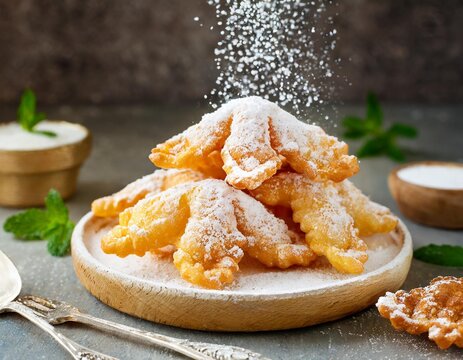 Polish chruściki (angel wings) crispy fried pastries dusted with powdered sugar - traditional polish sweets