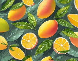 Summer citrus mango fruit pattern wallpaper illustration background with green leaves