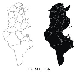 Tunisia map of regions districts vector black on white and outline
