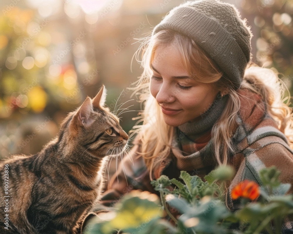 Wall mural A woman looks down at a cat sitting beside her. AI.