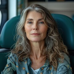 Fototapeta premium A woman with long gray hair looks directly at the camera. AI.