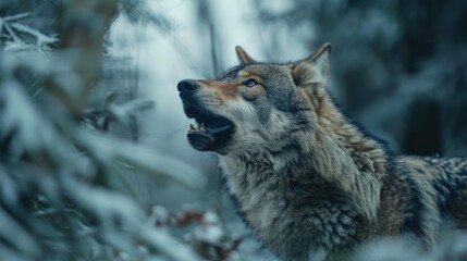 Obraz premium A wolf howls in the snowy forest. AI.