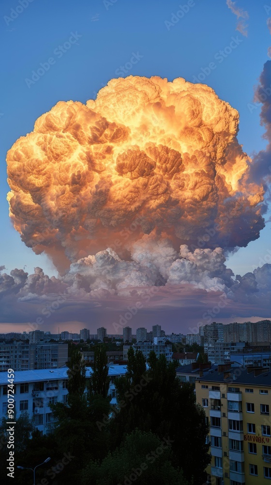 Poster A large, orange-hued cloud hangs over a cityscape at sunset. AI.