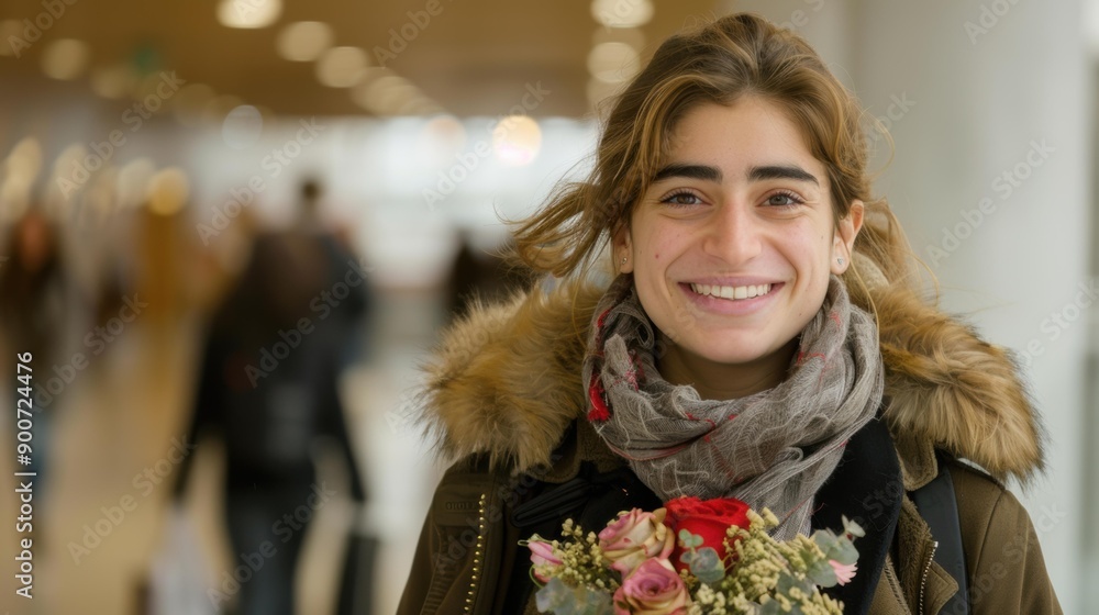 Poster A woman smiles warmly, holding a bouquet of flowers. AI.