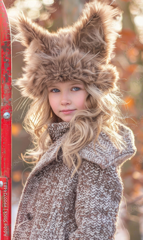 Poster A young girl wearing a furry hat. AI.