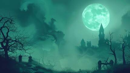 A dark and eerie landscape featuring a spooky haunted castle under a full moon, surrounded by leafless trees, a wrought iron gate, and misty surroundings.