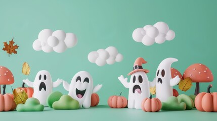 Fototapeta premium A charming illustration featuring playful ghosts, pumpkins, mushrooms, clouds, and autumn leaves against a green background, evoking a whimsical and festive autumn spirit.