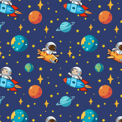 Obraz premium Cartoon astronauts in space.Vector seamless pattern with cartoon astronauts among colorful planets and stars.