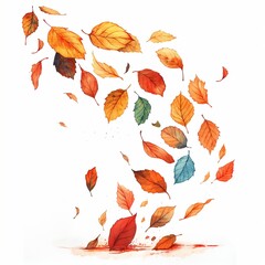 Watercolor artwork of autumn leaves in vibrant colors falling on a white background