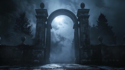 Mystical stone archway under a moonlit sky at night