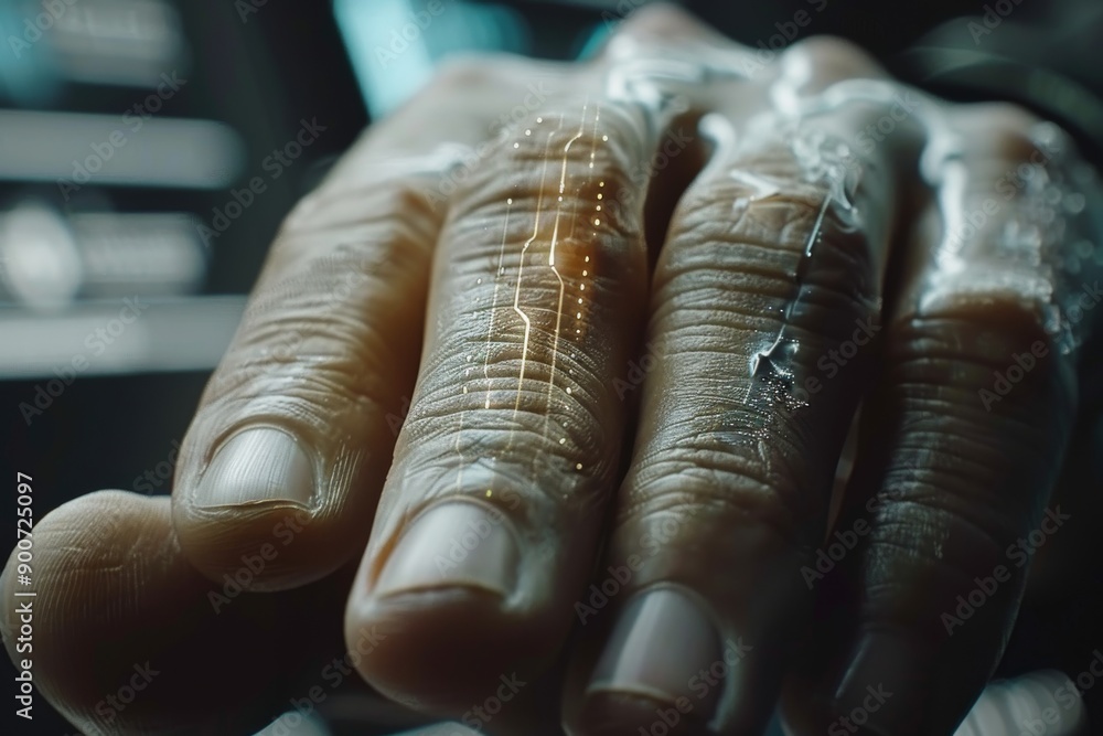 Poster wrinkled hand on a digital interface symbolizing the intersection of aging and technology with a foc