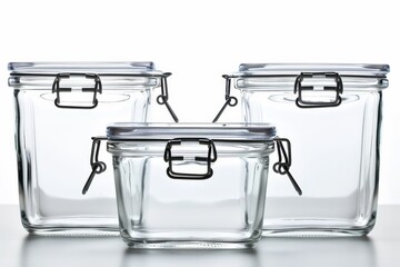 Three Clear Glass Storage Jars With Metal Lids on a White Surface