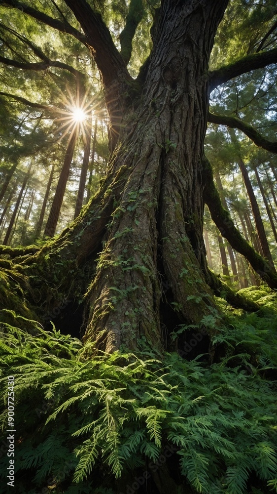Poster sunlight filters through dense canopy of lush forest, casting dappled light on ancient, moss-covered