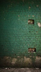 Weathered green brick wall stands with evident signs of decay, neglect, showcasing pattern of peeling paint, exposed bricks. Walls texture varies from smooth painted areas to rough.