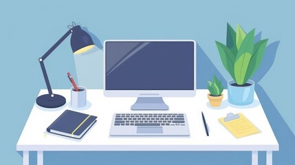 Office desk, laptop and notepad, flat design illustration