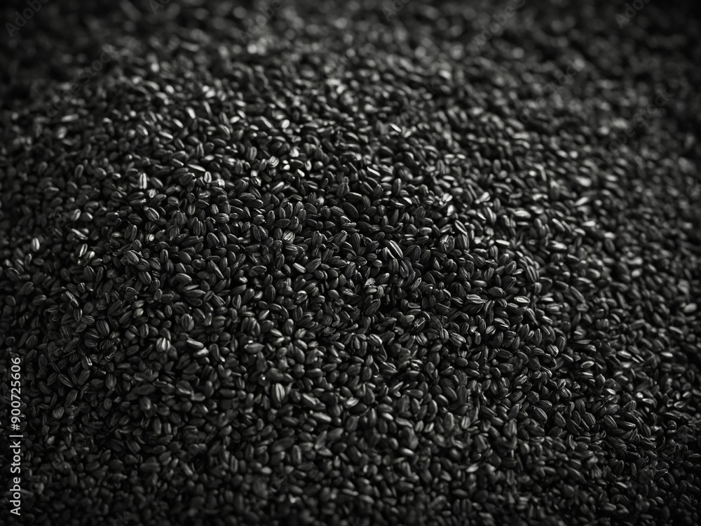 Poster multitude of black sesame seeds forms densely packed surface, their glossy exteriors reflecting ligh