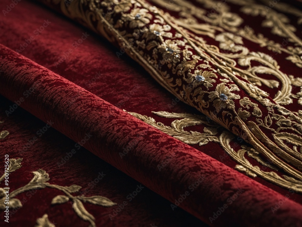 Poster golden threads weave intricate floral patterns into rich red fabric, creating opulent textile. plush