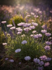 Obraz premium Amidst sun-kissed field, white daisy-like flowers with yellow centers bloom alongside purple lavender stalks. Soft light filters through unseen sources, casting warm glow on delicate petals.
