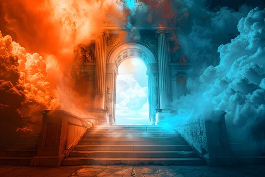 Heaven paradise and fiery hell gates choice. Door to heaven and hell. Good and evil, light and darkness. God's judgment, christianity concept. Religious background for design banner, poster