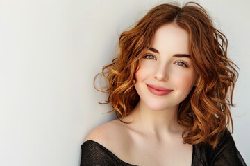 Naklejka premium Smiling red-haired woman with wavy hair in black top, bright and cheerful, white background, natural beauty, modern portrait, vibrant and lively, confident and radiant, soft lighting.