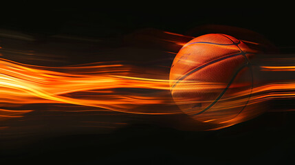 Fototapeta premium Dynamic Energy of a Spinning BasketballA Vivid Display of Motion Against a Stark Black Background