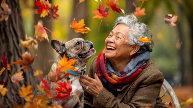 Elderly Asian woman with a bulldog dog enjoying autumn leaves in a park. Concept of senior activities, pet companionship, outdoor fun, seasonal joy