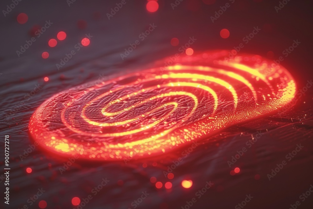 Poster glowing red digital fingerprint on a textured surface representing biometric security and technologi