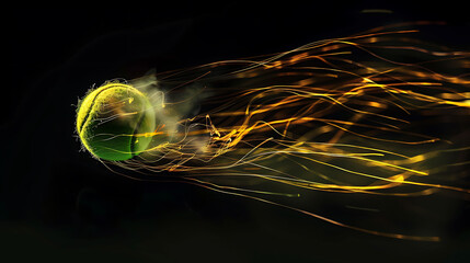 Captivating MotionA High-Speed Tennis Ball Spinning in Mid-Air Against a Deep Black Background