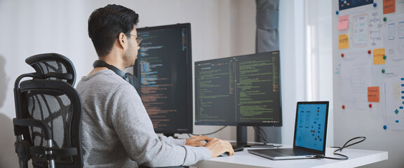 Young adult Asian male software developer coding program on desktop computer. Man work from home,...