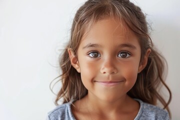Smiling young girl with brown hair, wearing a white dress, indoor setting, cheerful and lively, natural light, child portrait, bright and vibrant, soft lighting, simple and clear.