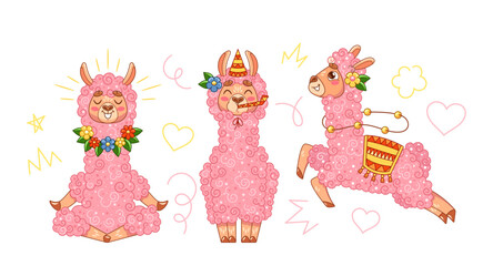 Three Adorable Pink Llamas With Various Decorations, Including Flowers And Party Accessories. Cheerful Cartoon Llamas © Pavlo Syvak
