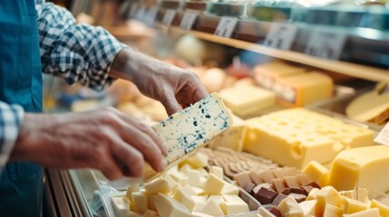 Salesman at a grocery store delicatessen counter, carefully weighing a block of cheese for a customer with a variety of cheeses displayed