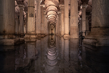 Basilica Cistern ancient Byzantine underground water reservoir with stone columns, Istanbul, Turkey